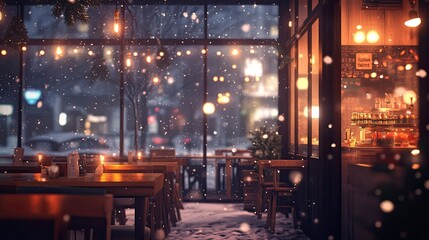 A cozy cafe with large windows, warm lights glowing against the snowy evening outside.