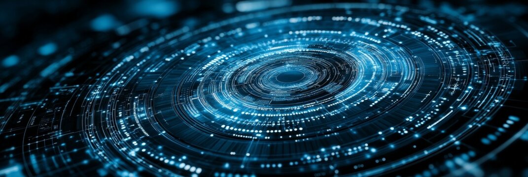 Futuristic Technology Abstract Background With Glowing Digital HUD Elements And A Circular Pattern.