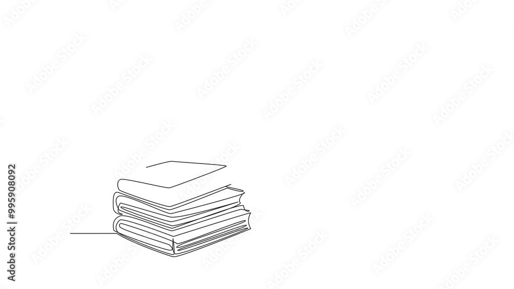 Poster animation of continuous one line drawing a stack of books with a paper airplane flying above. knowle