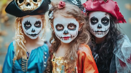 Obraz premium Friends in colorful costumes like princesses and pirates, with their fun, happy outfits hiding eerie, ghostly makeup and haunted expressions.