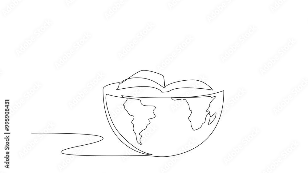 Poster self drawing animation of continuous line drawing paper airplane crosses half the globe. smart with 