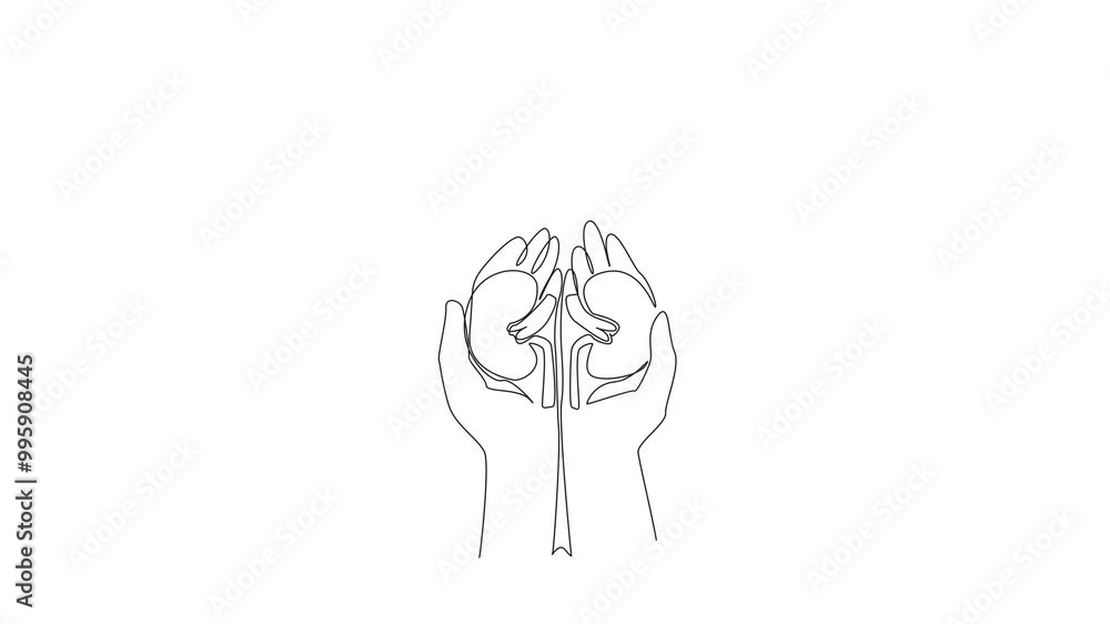 Poster animation of single line drawing the kidney hold by a child on an adult's hand. gives an understandi