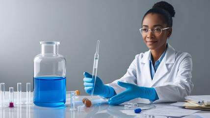 A photo of a woman scientist in a laboratory. She is wearing a lab coat and goggles. She is holding a pipette over a glass vial. There is a test tube with a dropper next to the vial. The background