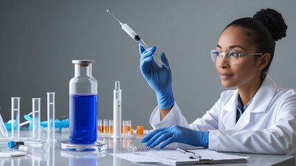 A photo of a woman scientist in a laboratory. She is wearing a lab coat and goggles. She is holding a pipette over a glass vial. There is a test tube with a dropper next to the vial. The background