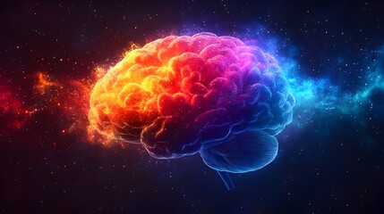 Fototapeta premium a colorful, abstract depiction of a human brain, with rainbow-like bursts symbolizing creativity and cognitive overload. world mental health day