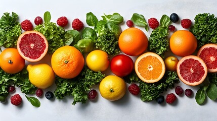 Naklejka premium a vibrant arrangement of fresh fruits and vegetables spread across a clean, white background. plant-based diet, world vegetarian day