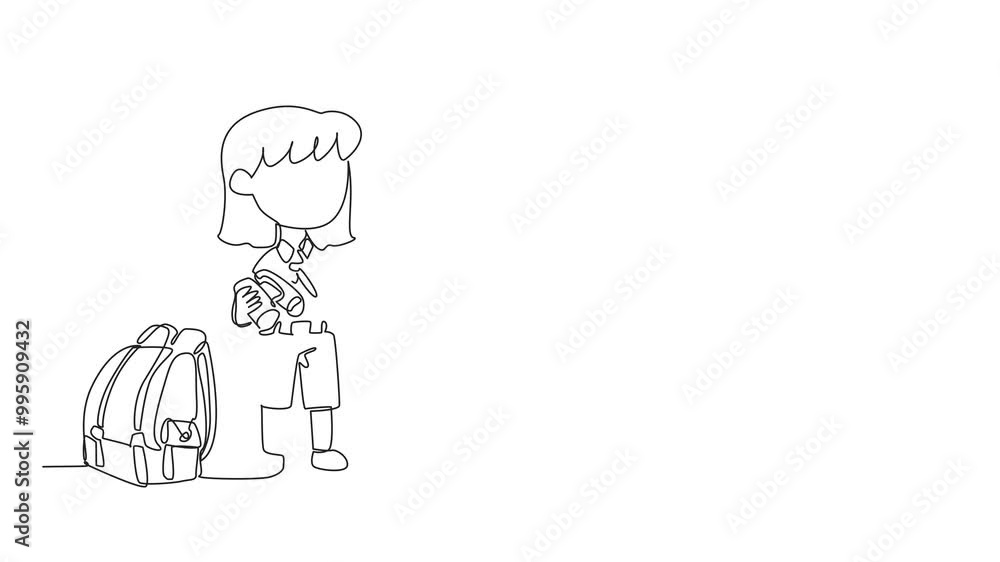Aufkleber animated self drawing of single continuous line drawing a little girl in scout uniform with flag and