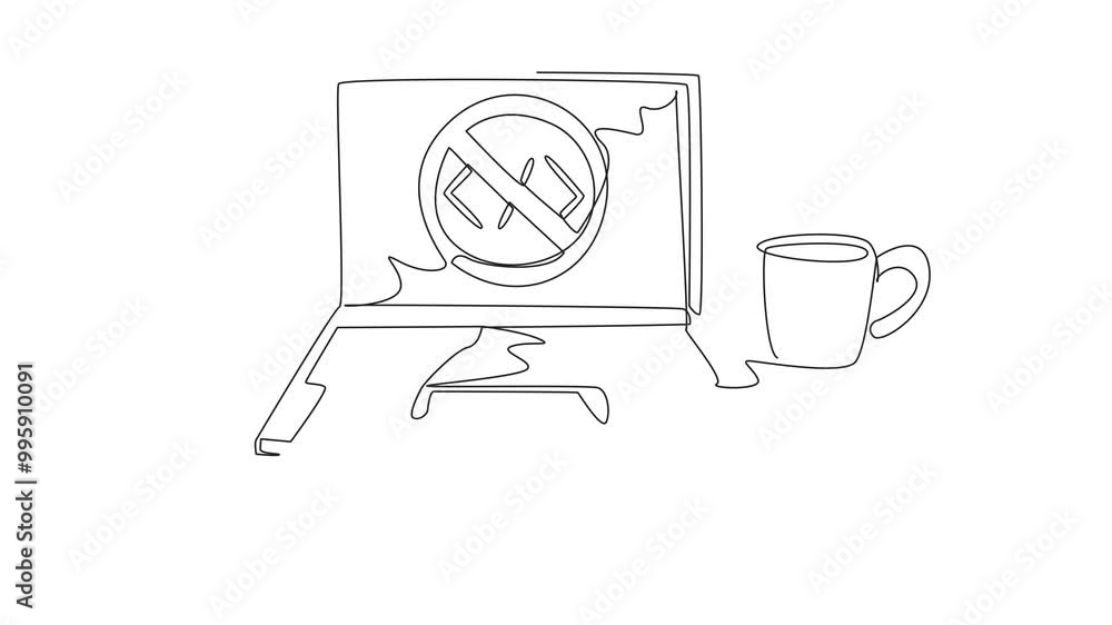 Poster self drawing animation of single one line drawing a pair of hands typing on a laptop. laptop screen 