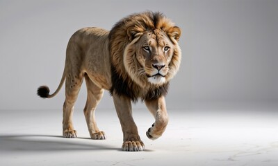 Obraz premium A lion stands on a white surface, looking intently at the camera