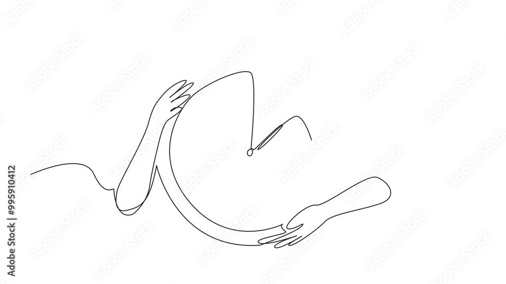 Poster animated self drawing of single continuous line drawing hand holding wall clock. the wall clock show