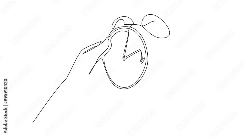 Poster self drawing animation of single line drawing a pair of hands holding an alarm clock. set a reminder