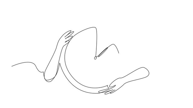 Animated self drawing of single continuous line drawing hand holding wall clock. The wall clock shows 2 o'clock. Concept time change. Daylight Saving Time. Full length single line animation