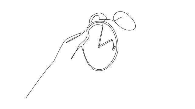 Self drawing animation of single line drawing a pair of hands holding an alarm clock. Set a reminder to make time changes. Clock moves an hour ahead. Daylight Saving Time info. Full length animated