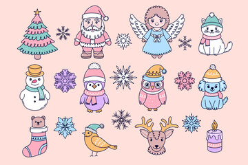 Сollection of characters to celebrate Christmas in a simple doodle style.