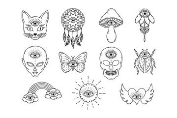 Сollection of hand drawn elements in doodle style  with  mystical all seeing eye. Designs for tattoos.