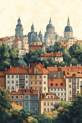 Fototapeta premium Vilnius, color pen pencil hand-drawn effect drawing illustration for travel poster, card, wallpaper, backdrop or banner. Modern, clear, artistic and simple