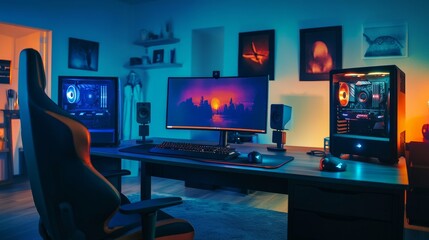 Dual-monitor gaming desk setup with RGB lighting, a striking gaming chair, and crystal-clear audio speakers.