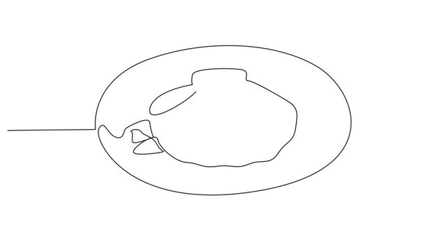 Self drawing animation of single continuous line drawing one baked scallop served on a round plate with leaves as garnish. Food presentation. National Baked Scallops Day. Full length animated