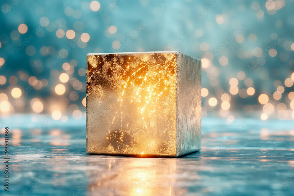 Poster the golden cube emits a warm glow, surrounded by a tranquil blue atmosphere with soft bokeh lights t