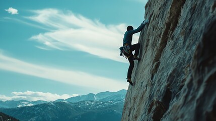 Fototapeta premium A rock climber scales a steep cliff face, with a valley and mountain range in the background.