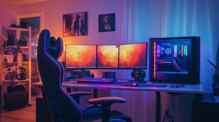 Dual-monitor gaming rig featuring a colorful RGB chair, LED strips around the desk, and advanced audio equipment