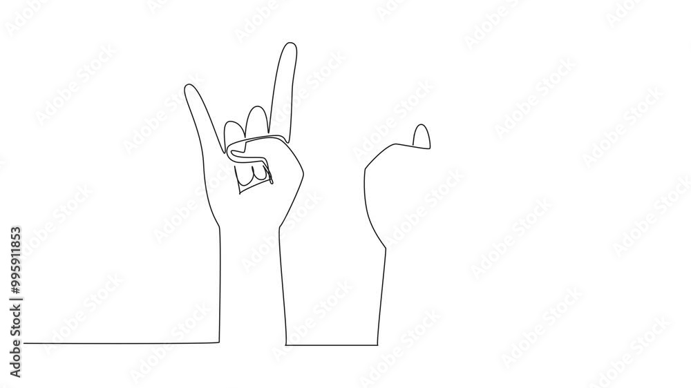 Poster self drawing animation of single one line drawing two hands with the index finger and little finger 