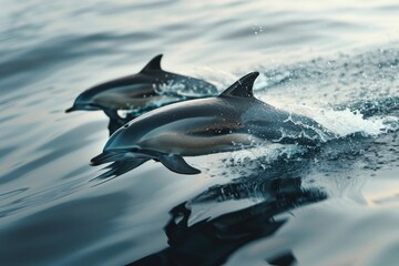 Fototapeta premium Sunlit Dolphins Swimming Underwater in Crystal Clear Ocean