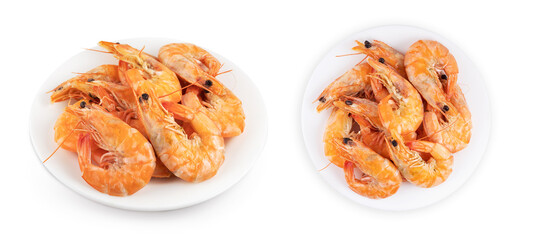 Steamed shrimps. Seafood, shellfish. Shrimps prawns on plate. isolated on white background