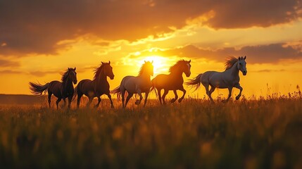 Obraz premium Majestic horses running across a golden field at sunset, creating a stunning silhouette against the vibrant sky.