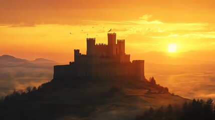 Obraz premium Majestic castle silhouette against a vibrant sunset backdrop, evoking a sense of mystery and enchantment in the twilight.