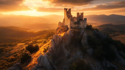 Fototapeta premium Majestic ancient castle perched on a rocky hill, bathed in golden sunset light, offering breathtaking views of the surrounding landscape.
