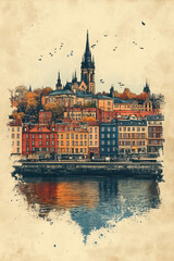 Obraz premium Wakefield, color pen pencil hand-drawn effect drawing illustration for travel poster, card, wallpaper, backdrop or banner. Modern, clear, artistic and simple