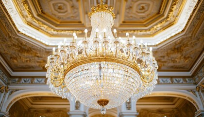 Fototapeta premium A luxurious gold chandelier hanging from an ornate ceiling, gold chandelier, opulent lighting