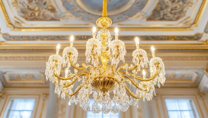 Fototapeta premium A luxurious gold chandelier hanging from an ornate ceiling, gold chandelier, opulent lighting