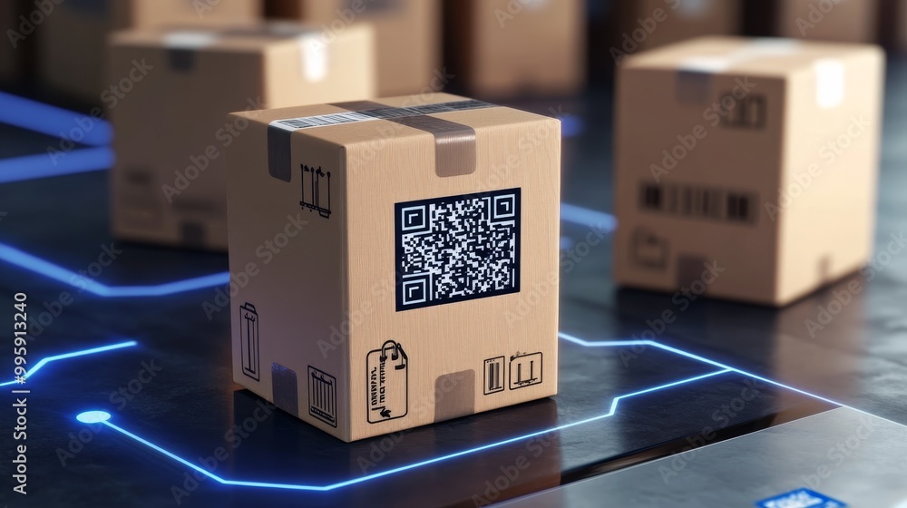Poster warehouse inventory management, cardboard boxes with qr code for logistics and tracking system