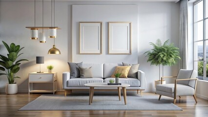 Fototapeta premium Interior design of a contemporary living room featuring stylish furniture and large windows, creating a bright and airy ambiance