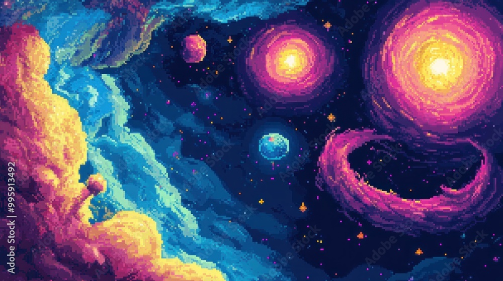 Poster pixelated abstract space scene with colorful nebulas and planets
