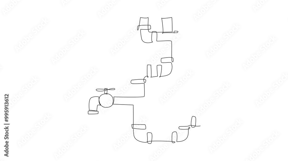 Poster animation of single one line drawing pipeline installation curve. the water coming out of the faucet
