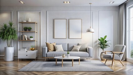 Interior design of a contemporary living room featuring stylish furniture and large windows, creating a bright and airy ambiance