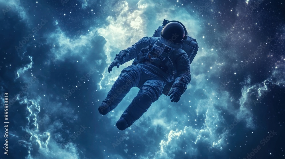 Poster astronaut floating in a starry sky with clouds