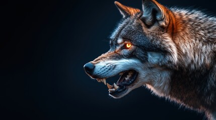 A fierce wolf showcasing sharp teeth and intense eyes, highlighting its wild nature and captivating beauty in a dark setting.