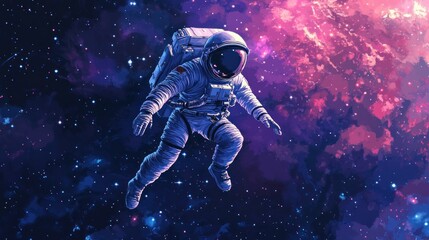Fototapeta premium A lone astronaut floats in space against a backdrop of stars and a nebula.