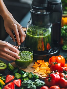 Fresh vegetables and green smoothie preparation, highlighting healthy lifestyle and vibrant ingredients.