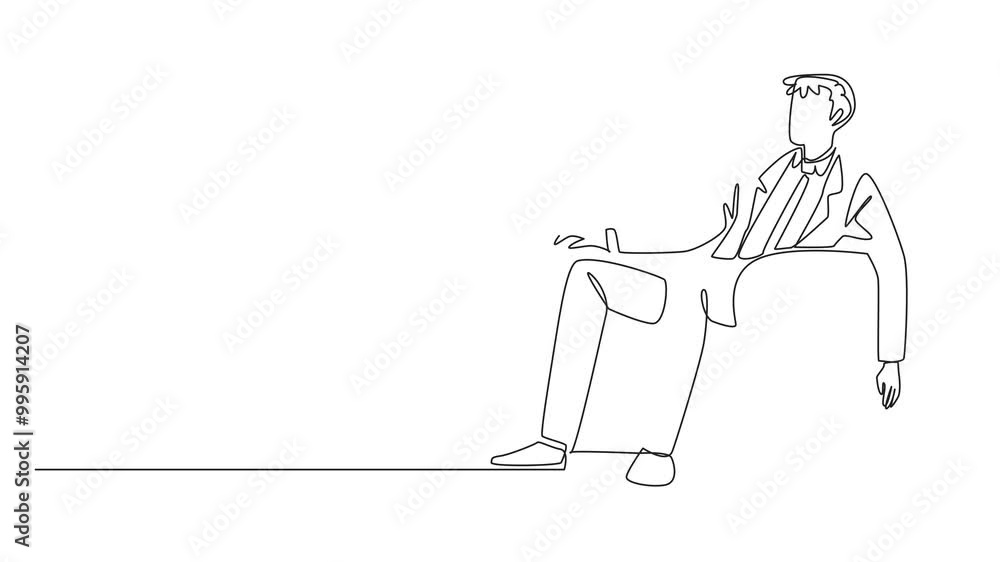 Poster animation of single one line drawing tired businessman sleep in a sitting position on the sofa. take