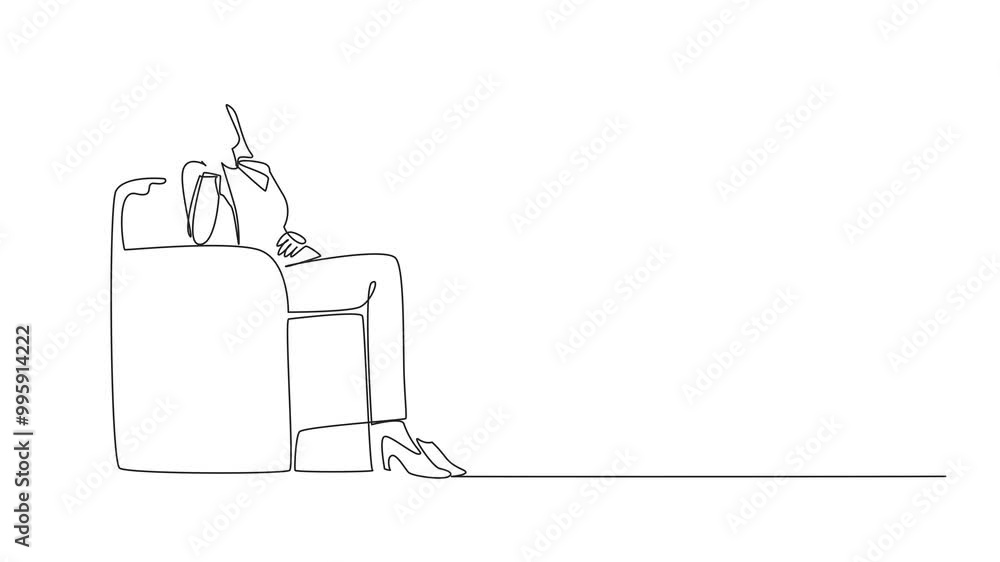 Poster self drawing animation of continuous one line drawing businesswoman sleeping in a sitting position o