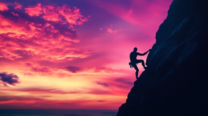 A rock climber scales a steep cliff face at sunset.