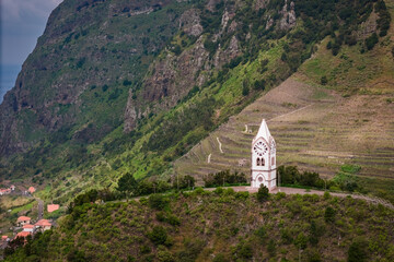 Clock tower Chapel of Our Lady of Fatima in Sao Vicente town in Madeira island, Aerial