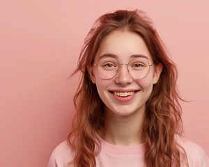 Fototapeta premium Happy Smiling Girl with Glasses over Pink Background - Friendly and Cheerful Portrait