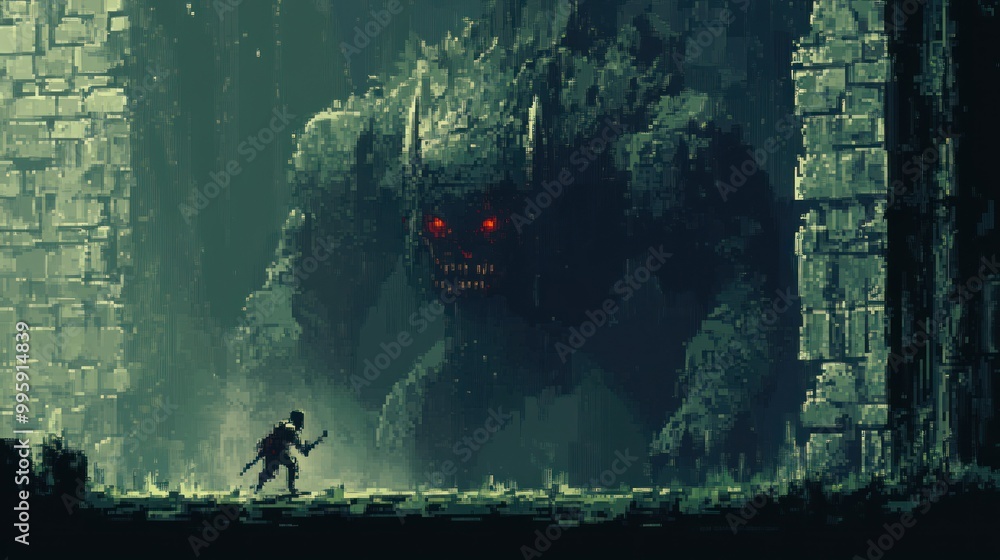 Canvas Prints A Lone Figure Facing a Towering, Red-Eyed Stone Beast