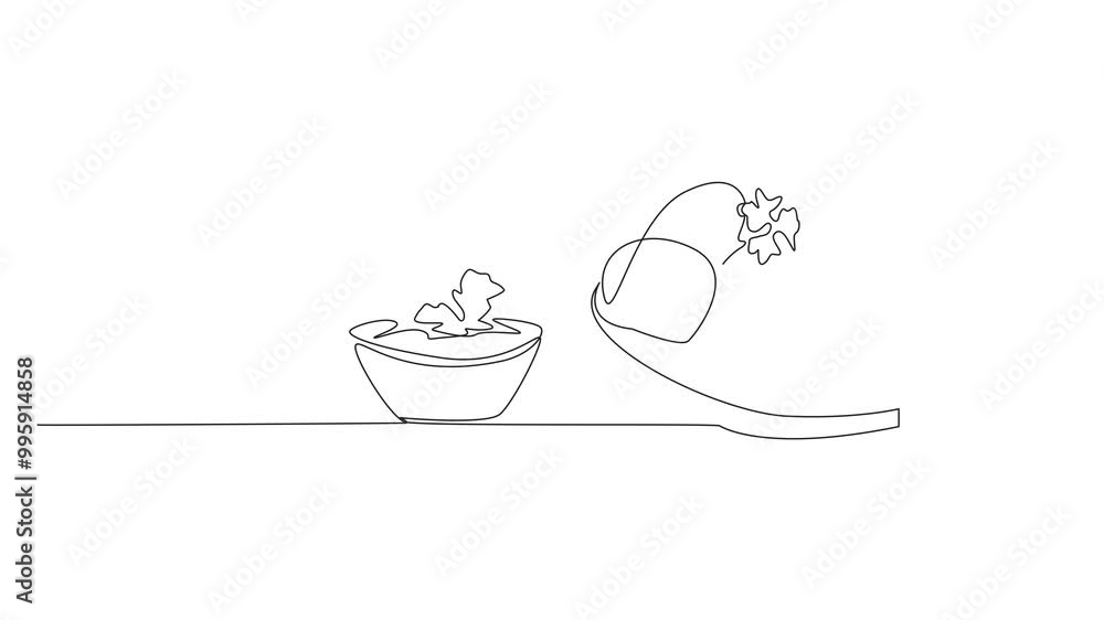 Poster self drawing animation of single continuous line drawing serve meatballs plus chopped celery leaves 
